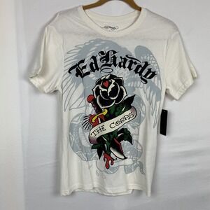 Ed Hardy Deh Corps Graphic Tee Small Ivory Rose Skull Wings Y2K NWT